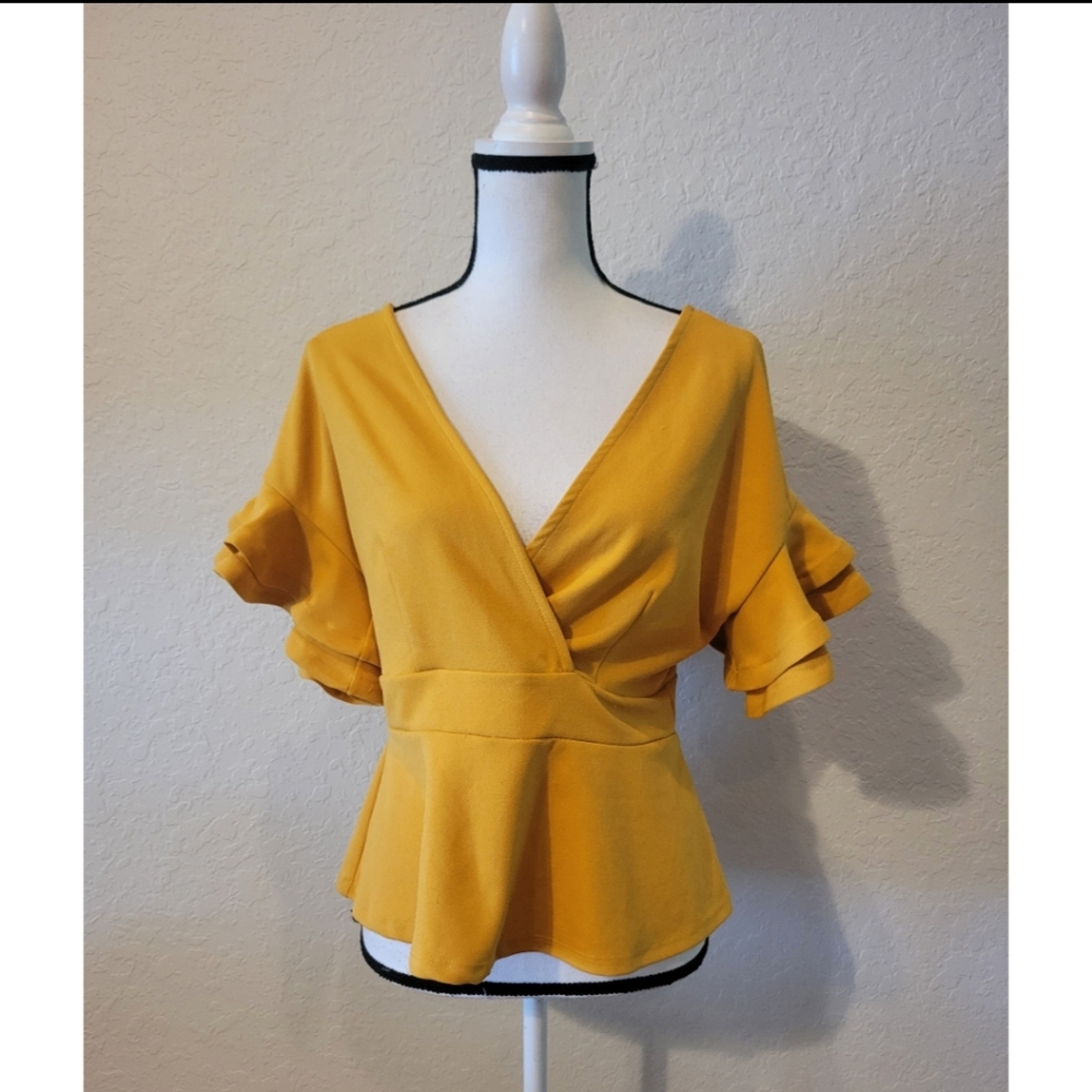 Mustard V-Neck Ruffle Sleeve Blouse